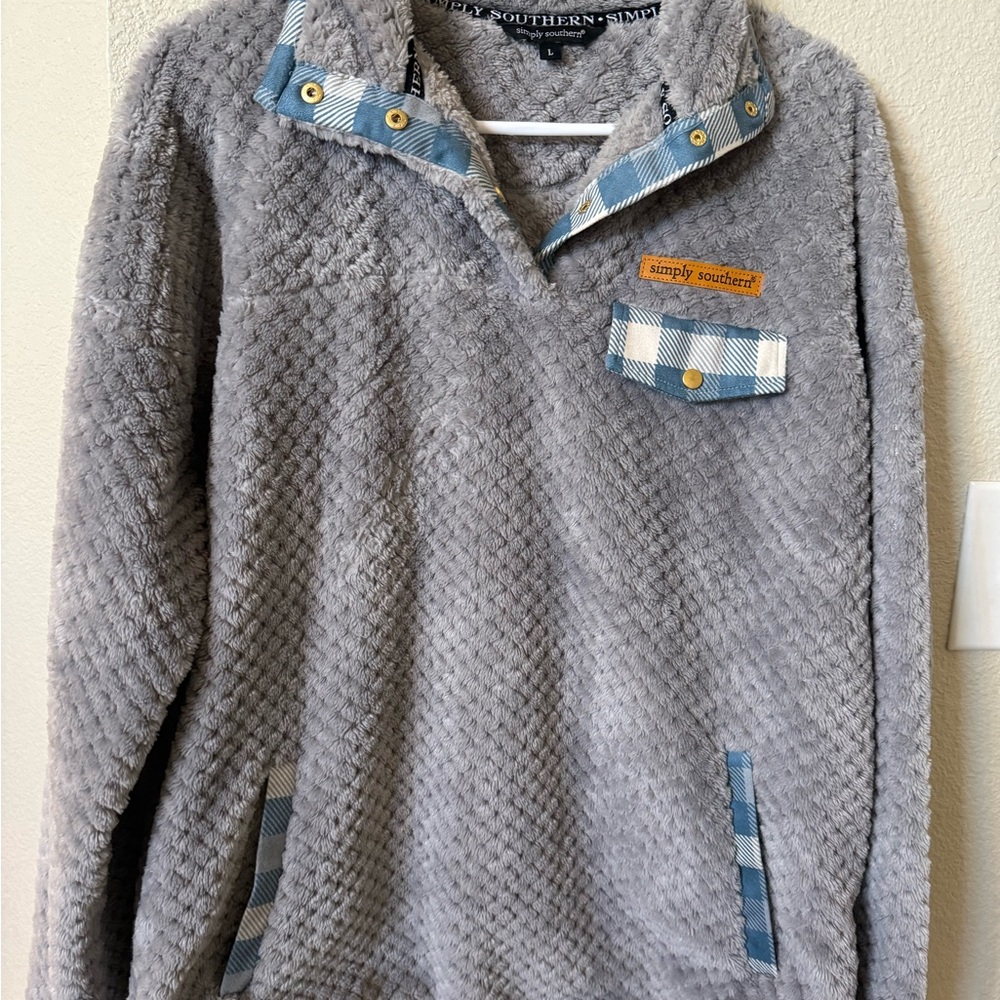 Simply Southern Gray Sweater with Blue Plaid Trim
